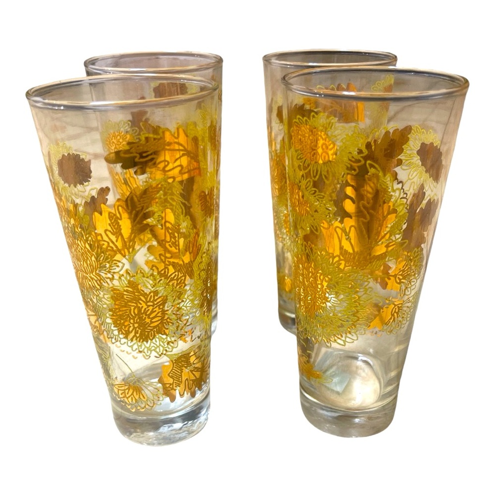 Bartlett Collins Mid-Century Golden Chrysanthemums 4 Tall Glasses